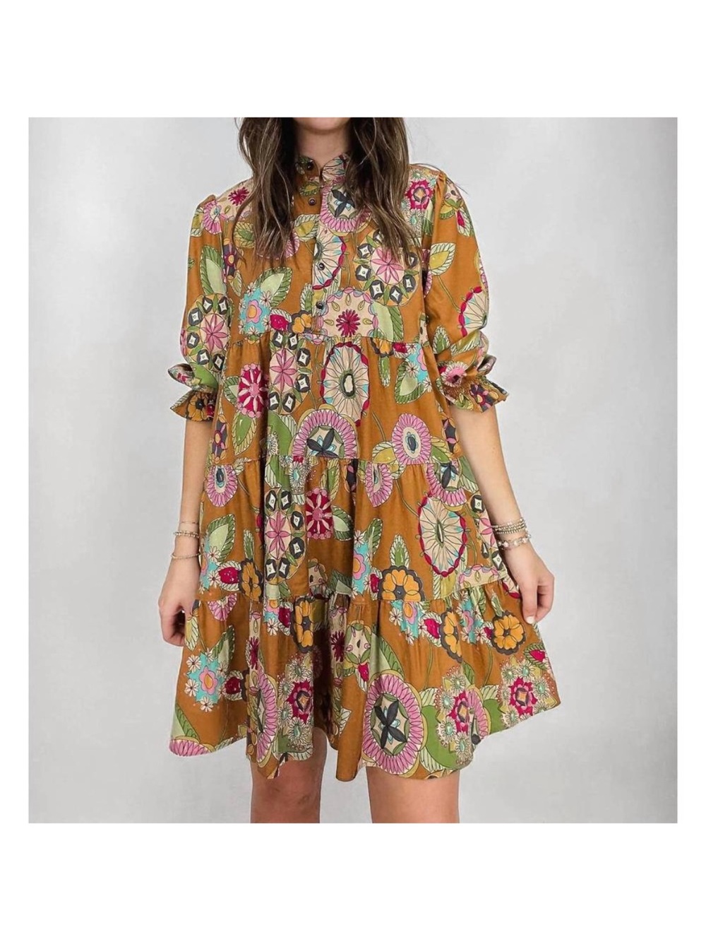 IVY JANE uncle frank collins tiered shirt dress in caramel